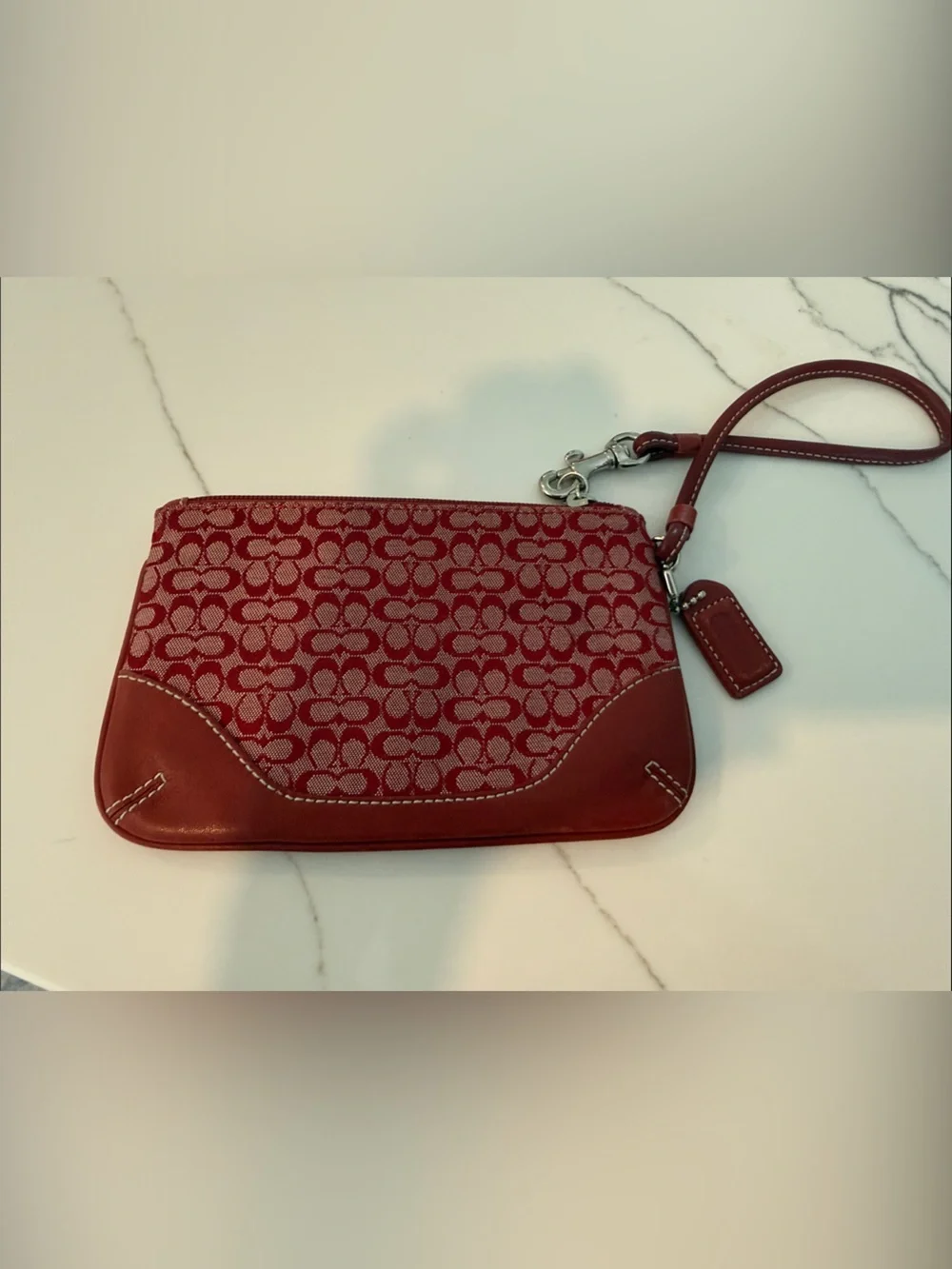 Coach Red Signature Jacquard Wristlet with Leather Trim and Strap
